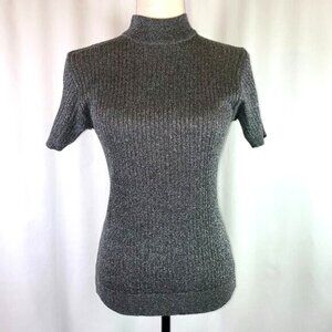 Sarah Bentley Metallic Mock Neck Turtleneck Sweater Short Sleeves Ribbed Size S